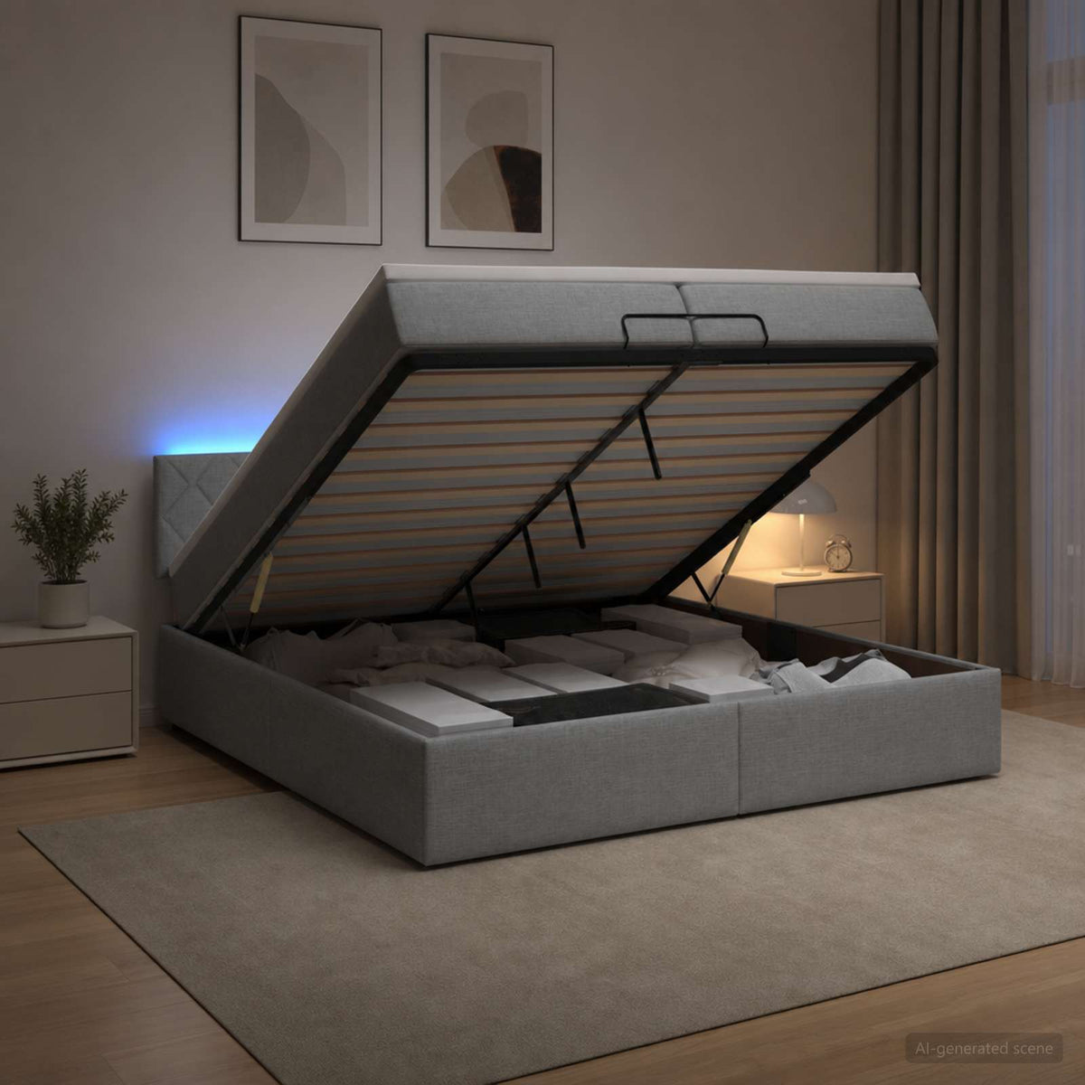 Ottoman-Bett mit Matratze und LED Hellgrau 200 x 200 cm Stoff