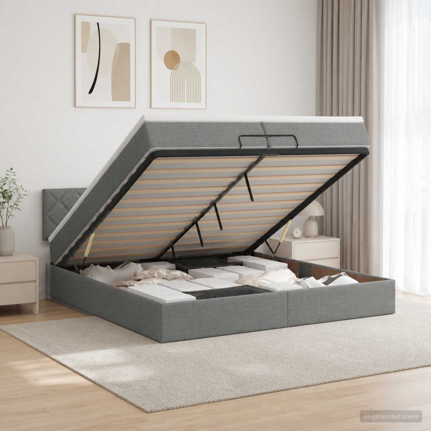 Ottoman Bett mit Matratze Dunkelgrau 200 x 200 cm Stoff