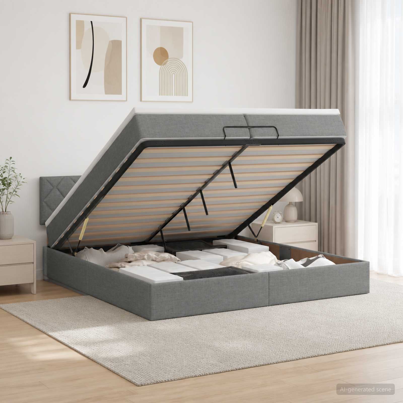 Ottoman Bett mit Matratze Dunkelgrau 200 x 200 cm Stoff