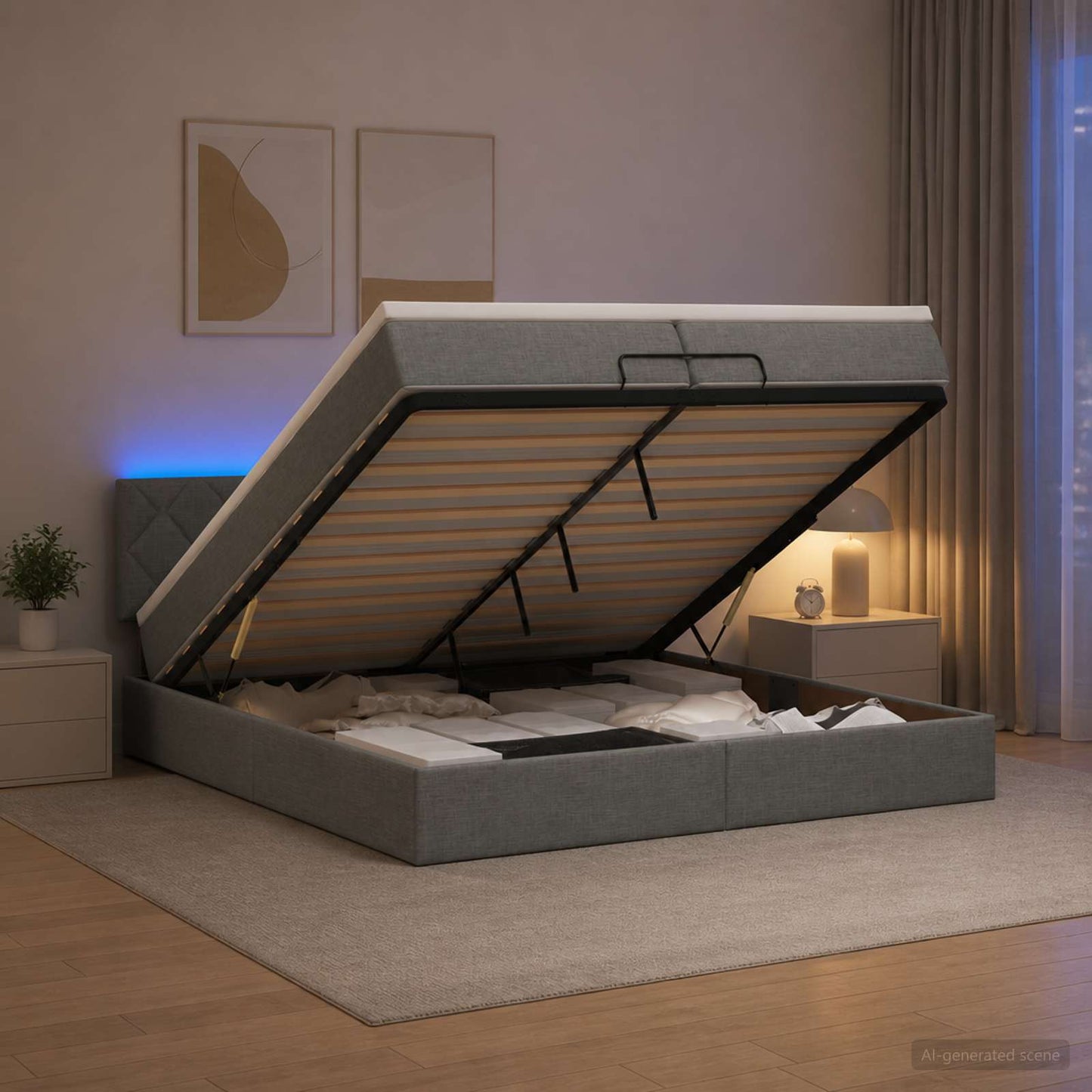 Ottoman-Bett mit Matratze und LED Dunkelgrau 200 x 200 cm Stoff