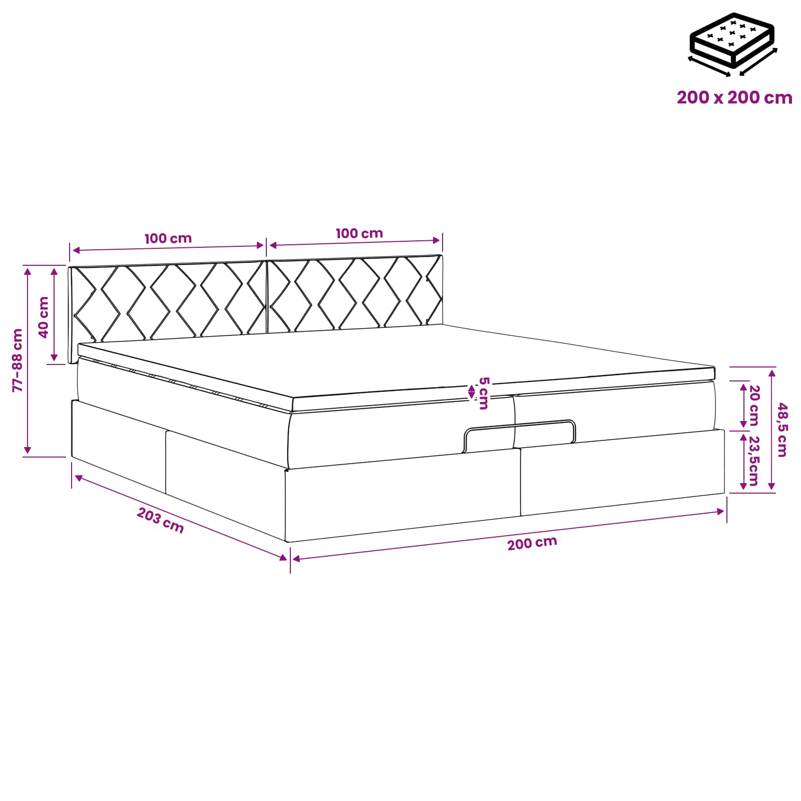 Ottoman-Bett mit Matratze und LED Dunkelgrau 200 x 200 cm Stoff