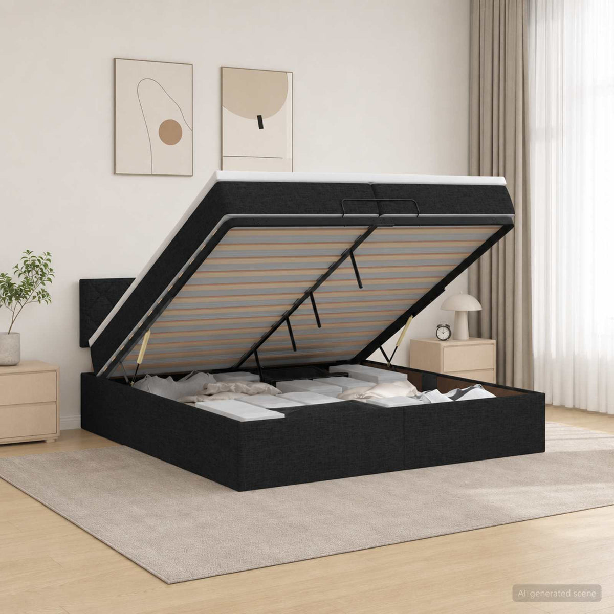Ottoman Bett mit Matratze Schwarz 200 x 200 cm Stoff