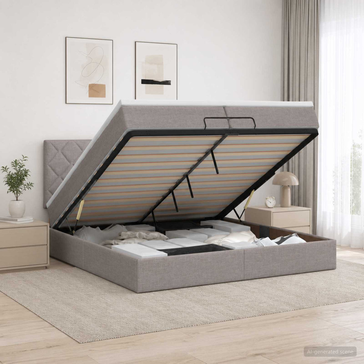 Ottoman Bett mit Matratze mit Kopfteil Taupe 200 x 200 cm Stoff