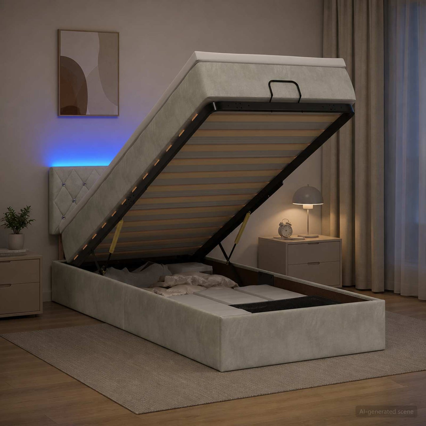 Ottoman-Bett mit Matratze und LED Hellgrau 100 x 200 cm Samt