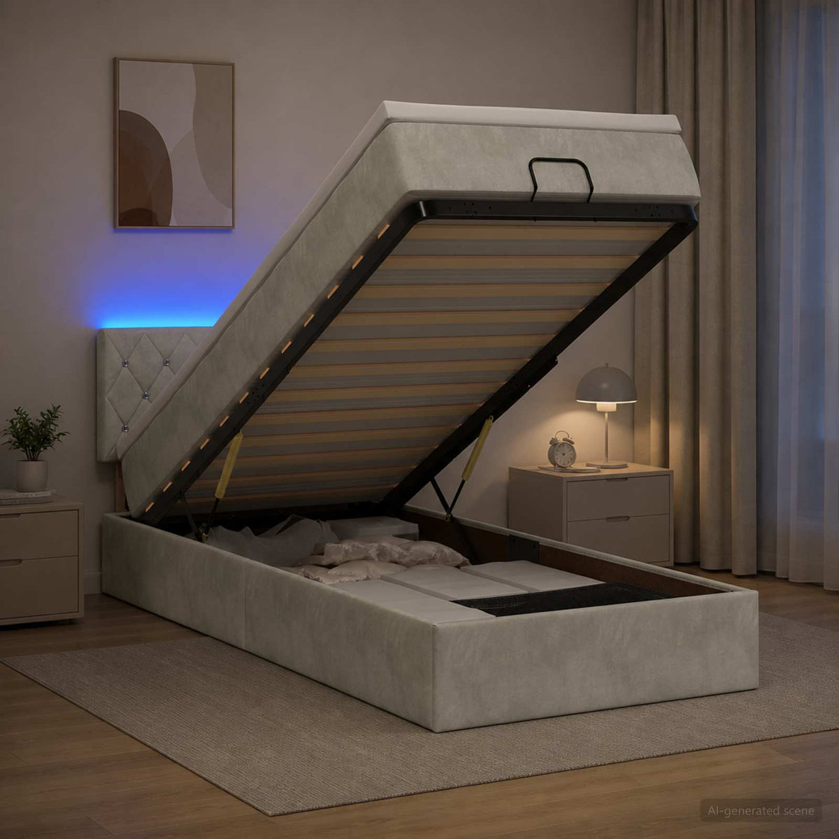 Ottoman-Bett mit Matratze und LED Hellgrau 90 x 200 cm Samt