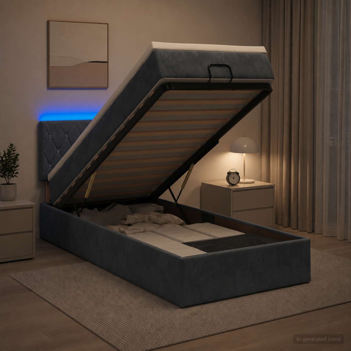 Ottoman-Bett mit Matratze und LED Dunkelgrau 90 x 190 cm Samt