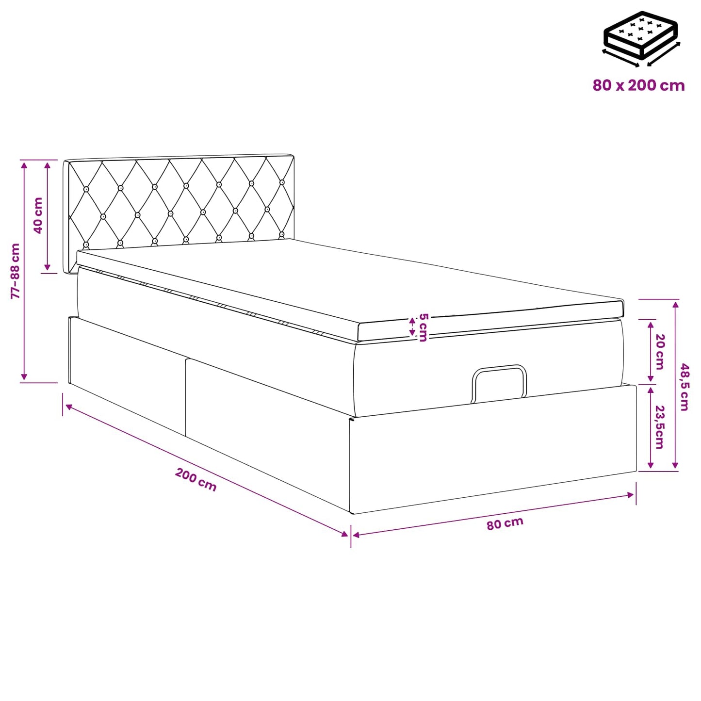Ottoman-Bett mit Matratze und LED Dunkelgrau 80 x 200 cm Samt