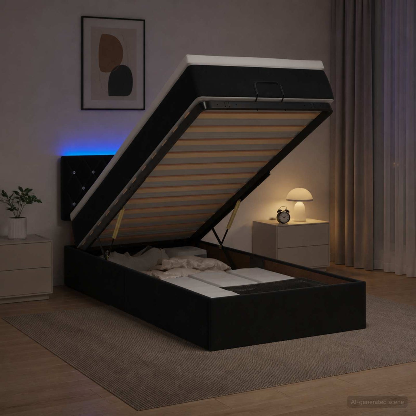 Ottoman-Bett mit Matratze und LED Schwarz 100 x 200 cm Samt