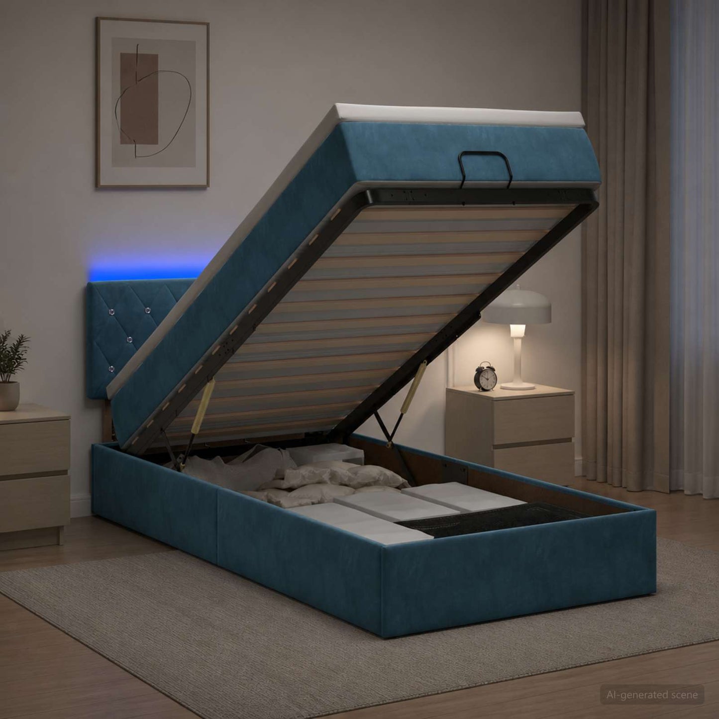 Ottoman-Bett mit Matratze und LED Dunkelblau 90 x 200 cm Samt