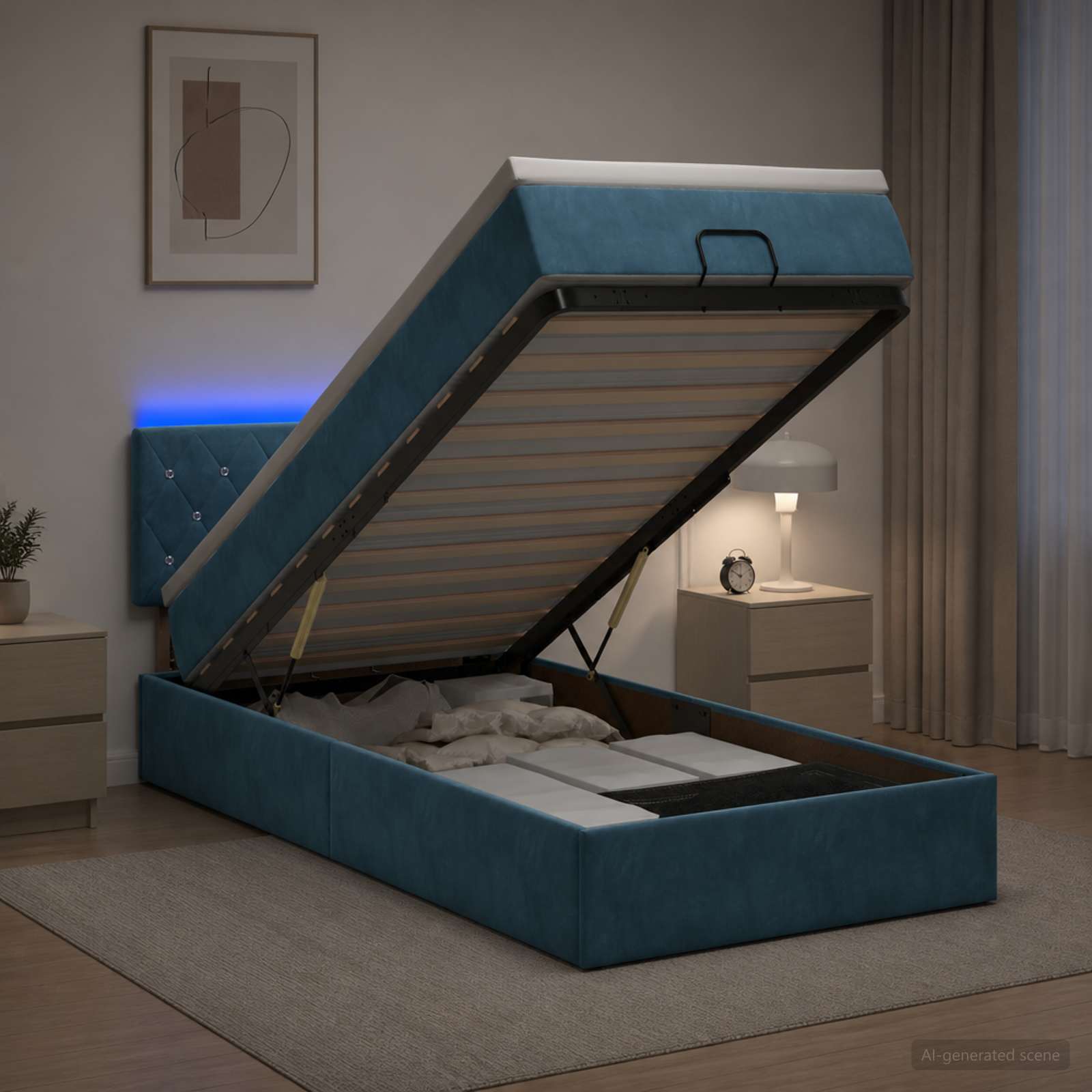Ottoman-Bett mit Matratze und LED Dunkelblau 90 x 200 cm Samt