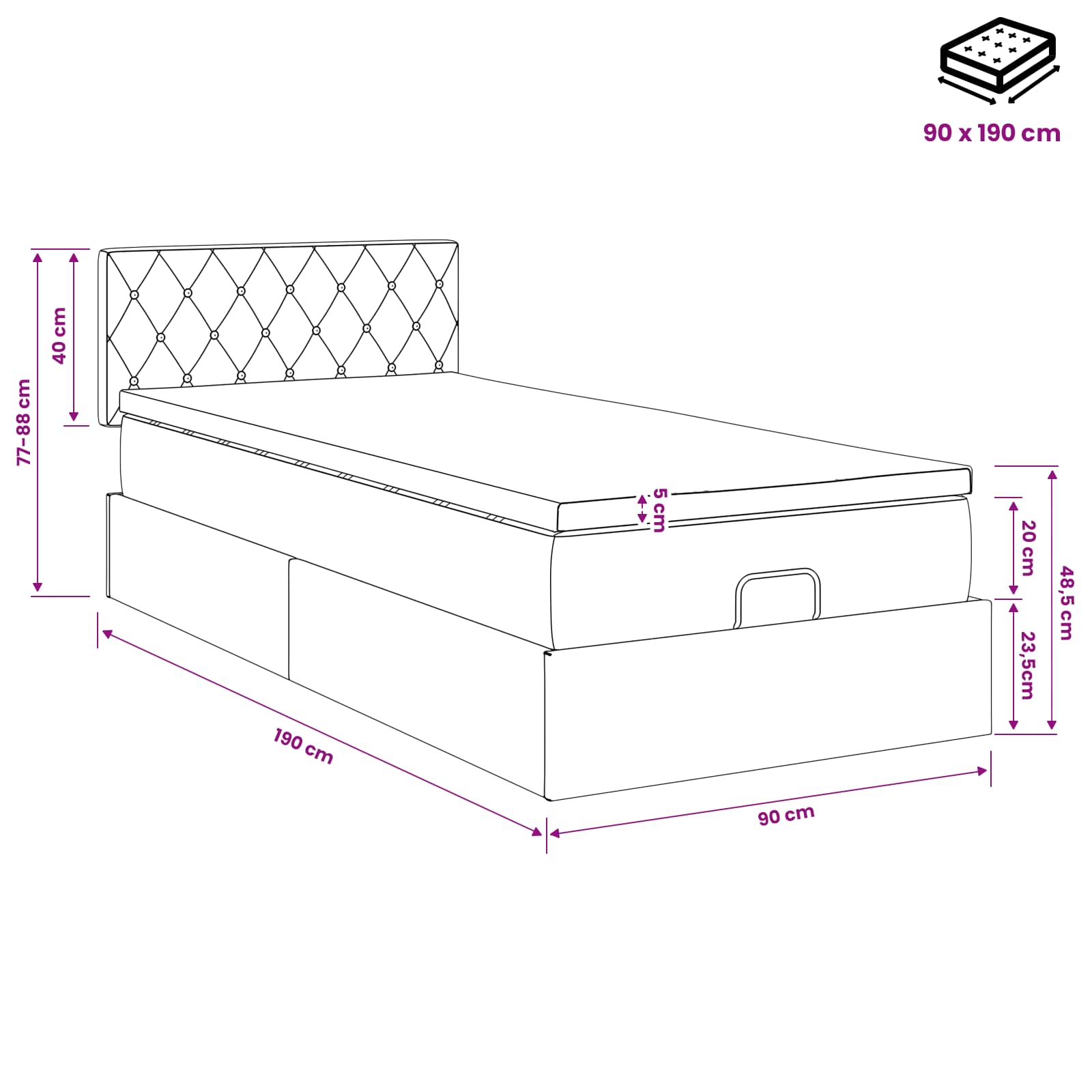 Ottoman-Bett mit Matratze und LED Schwarz 90 x 190 cm Samt