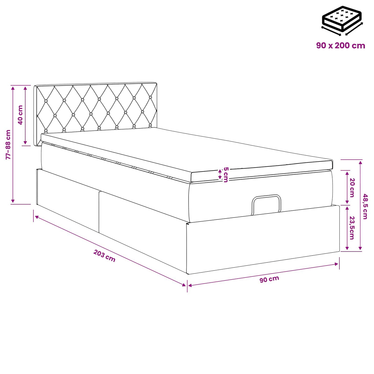 Ottoman-Bett mit Matratze und LED Hellgrau 90 x 200 cm Samt
