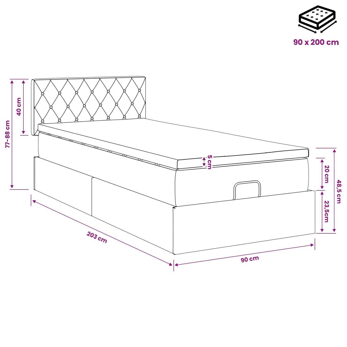 Ottoman-Bett mit Matratze und LED Dunkelgrau 90 x 200 cm Samt