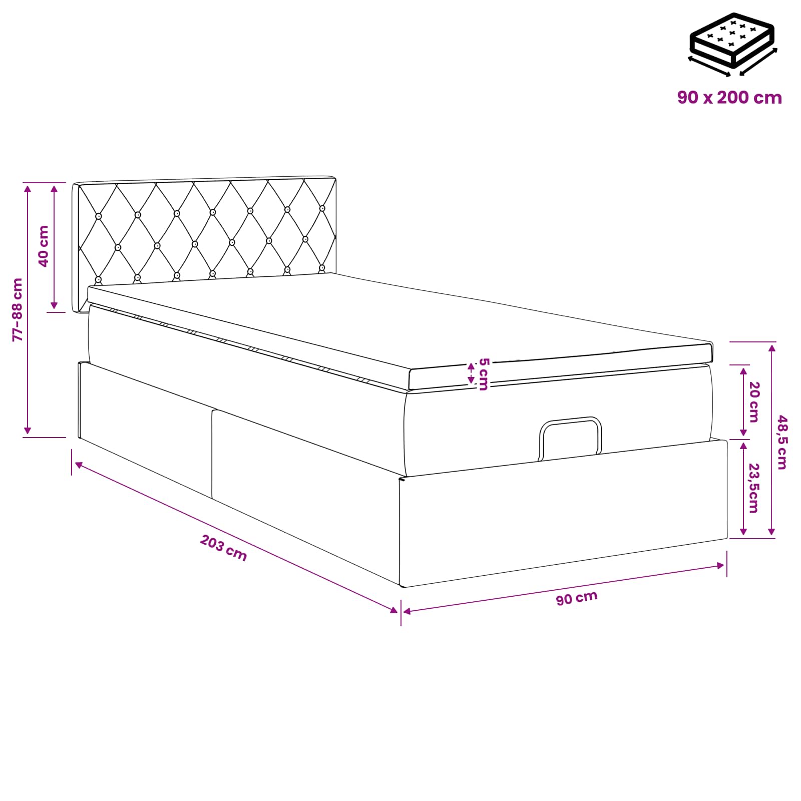 Ottoman-Bett mit Matratze und LED Dunkelblau 90 x 200 cm Samt