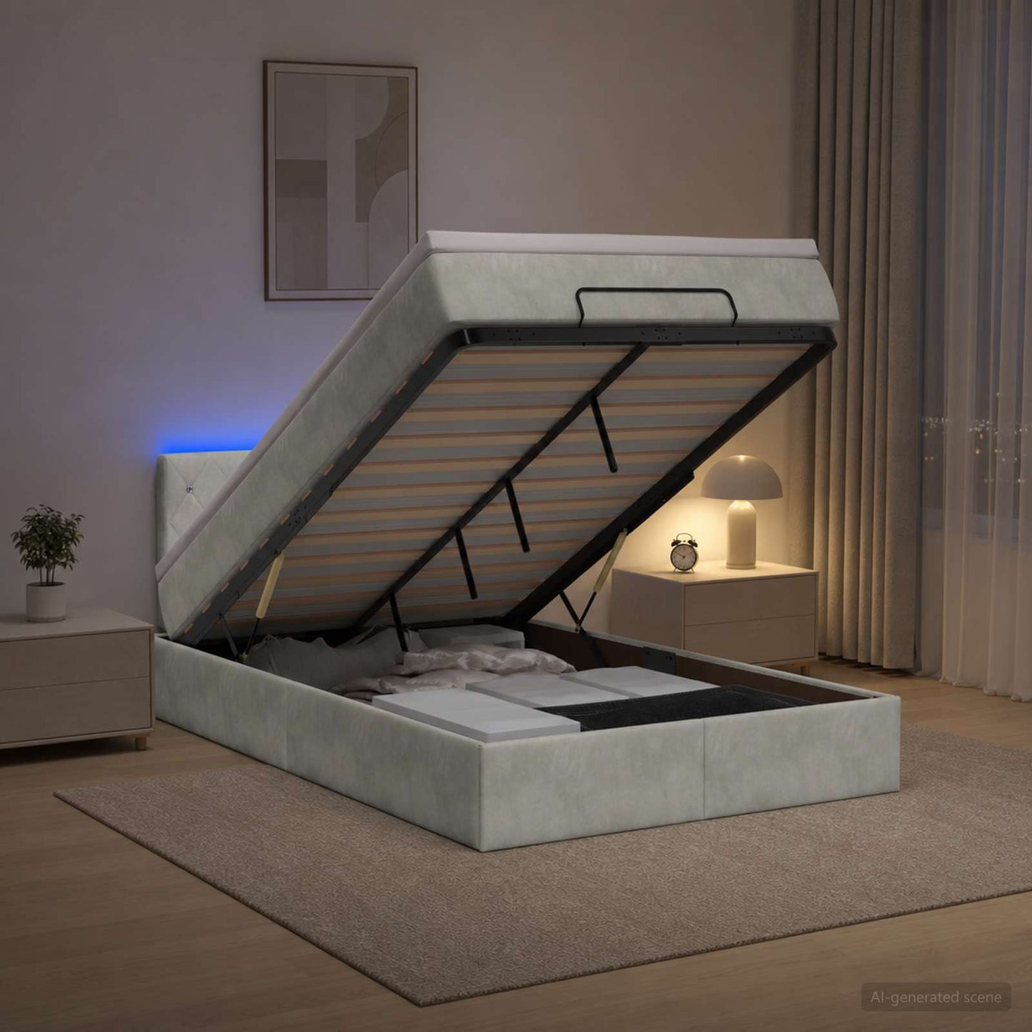 Ottoman-Bett mit Matratze und LED Hellgrau 120 x 200 cm Samt