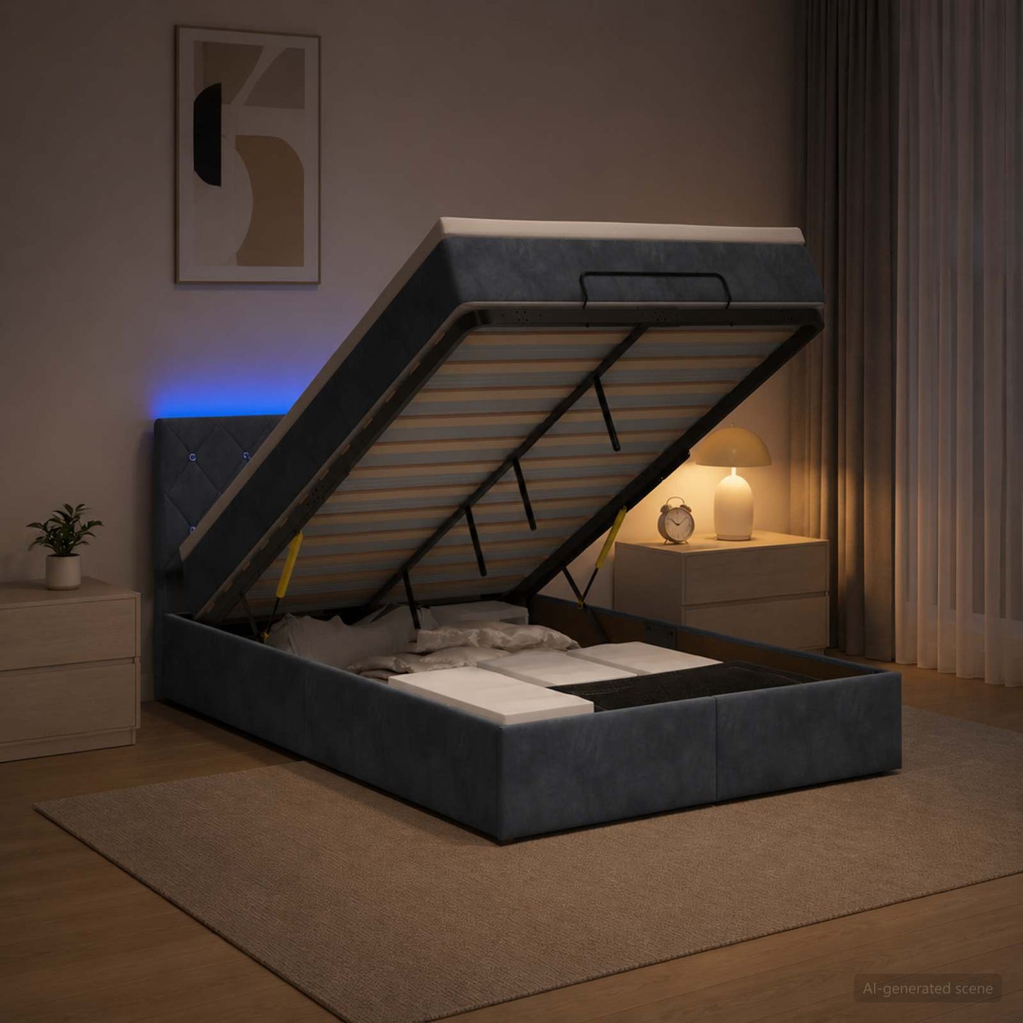 Ottoman-Bett mit Matratze und LED Dunkelgrau 120 x 190 cm Samt