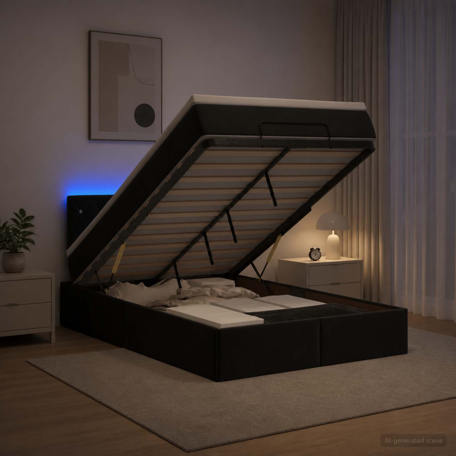 Ottoman-Bett mit Matratze und LED Schwarz 120 x 190 cm Samt