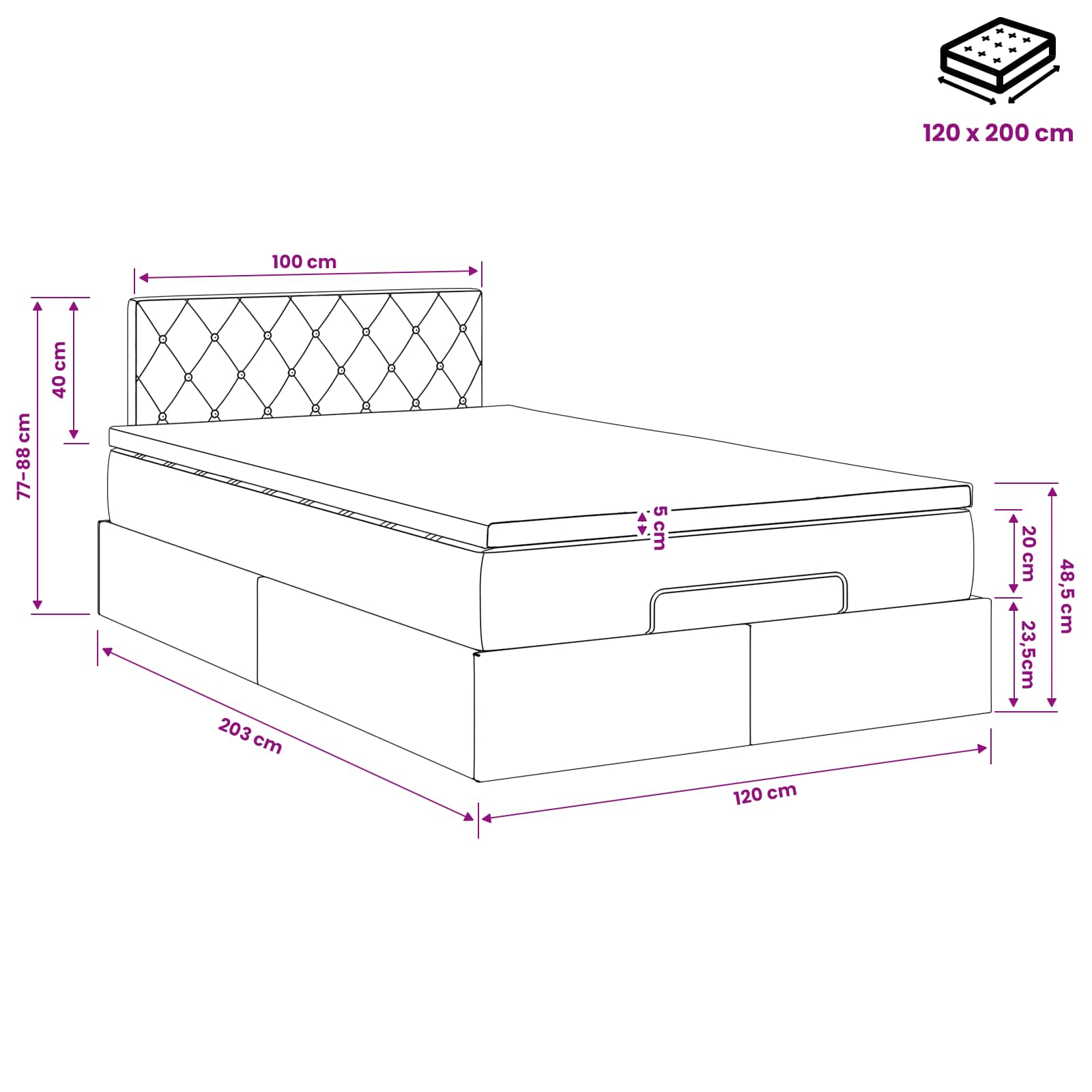 Ottoman-Bett mit Matratze und LED Hellgrau 120 x 200 cm Samt