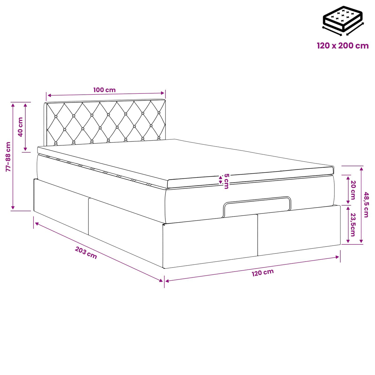 Ottoman-Bett mit Matratze und LED Schwarz 120 x 200 cm Samt
