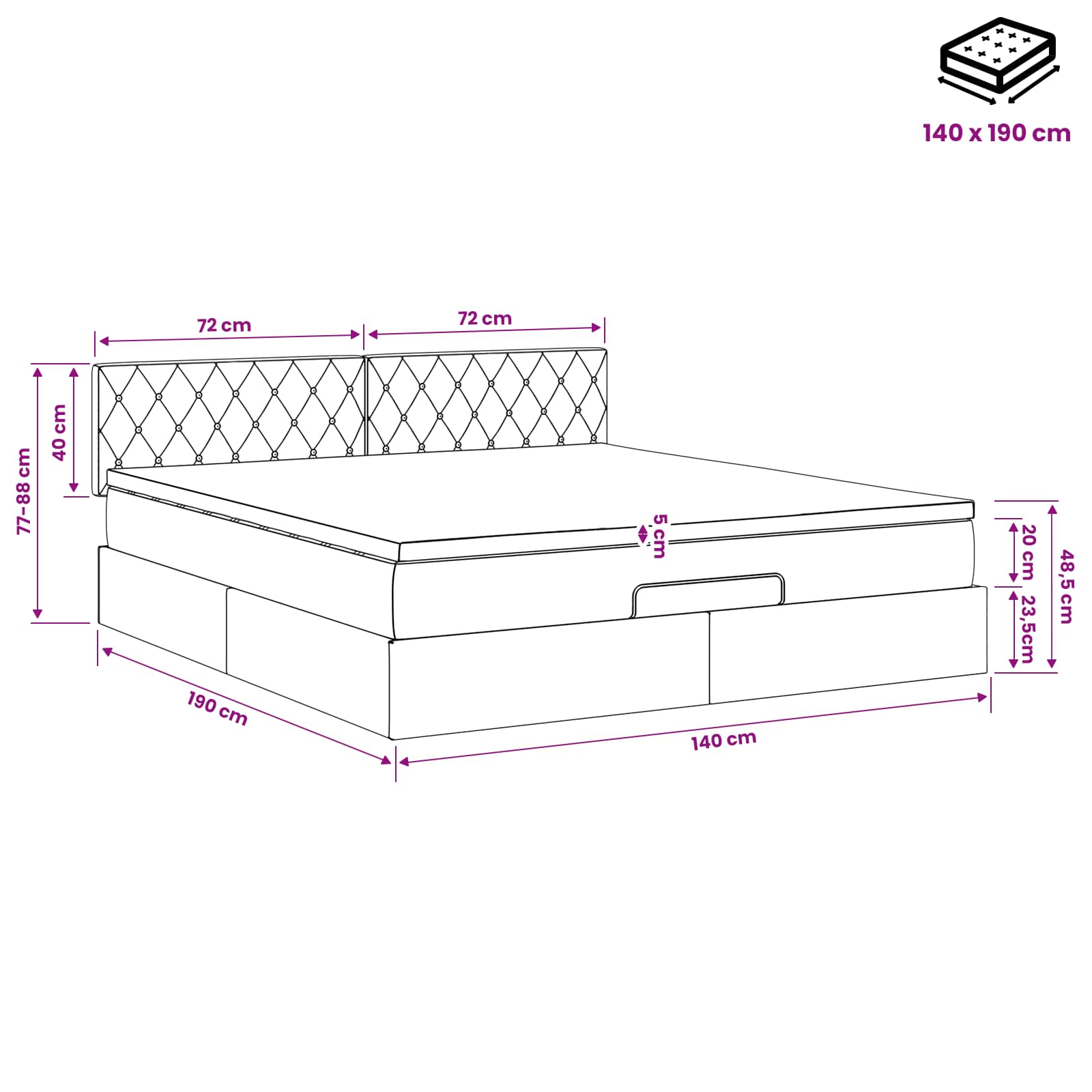Ottoman-Bett mit Matratze und LED Dunkelgrau 140 x 190 cm Samt