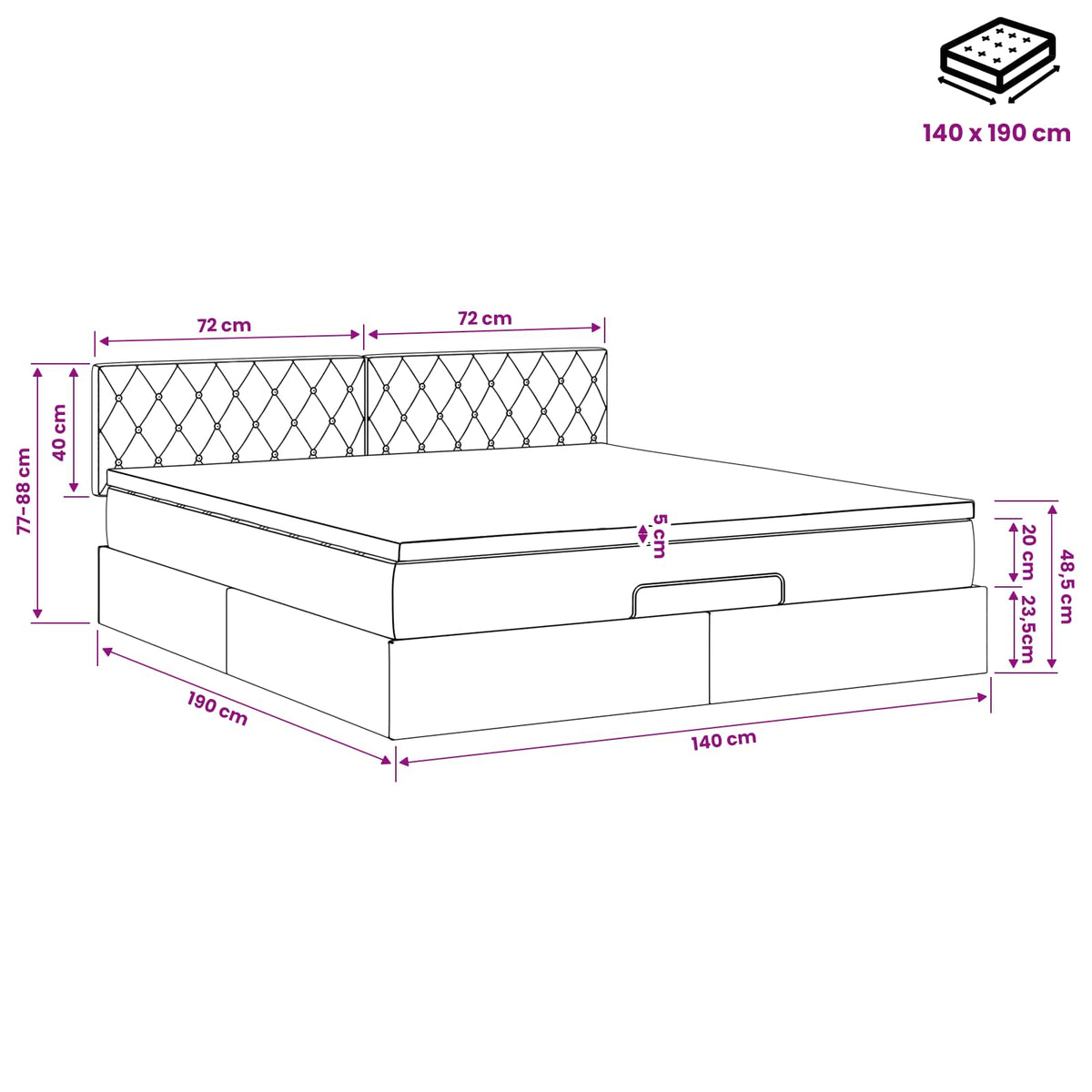 Ottoman-Bett mit Matratze und LED Schwarz 140 x 190 cm Samt