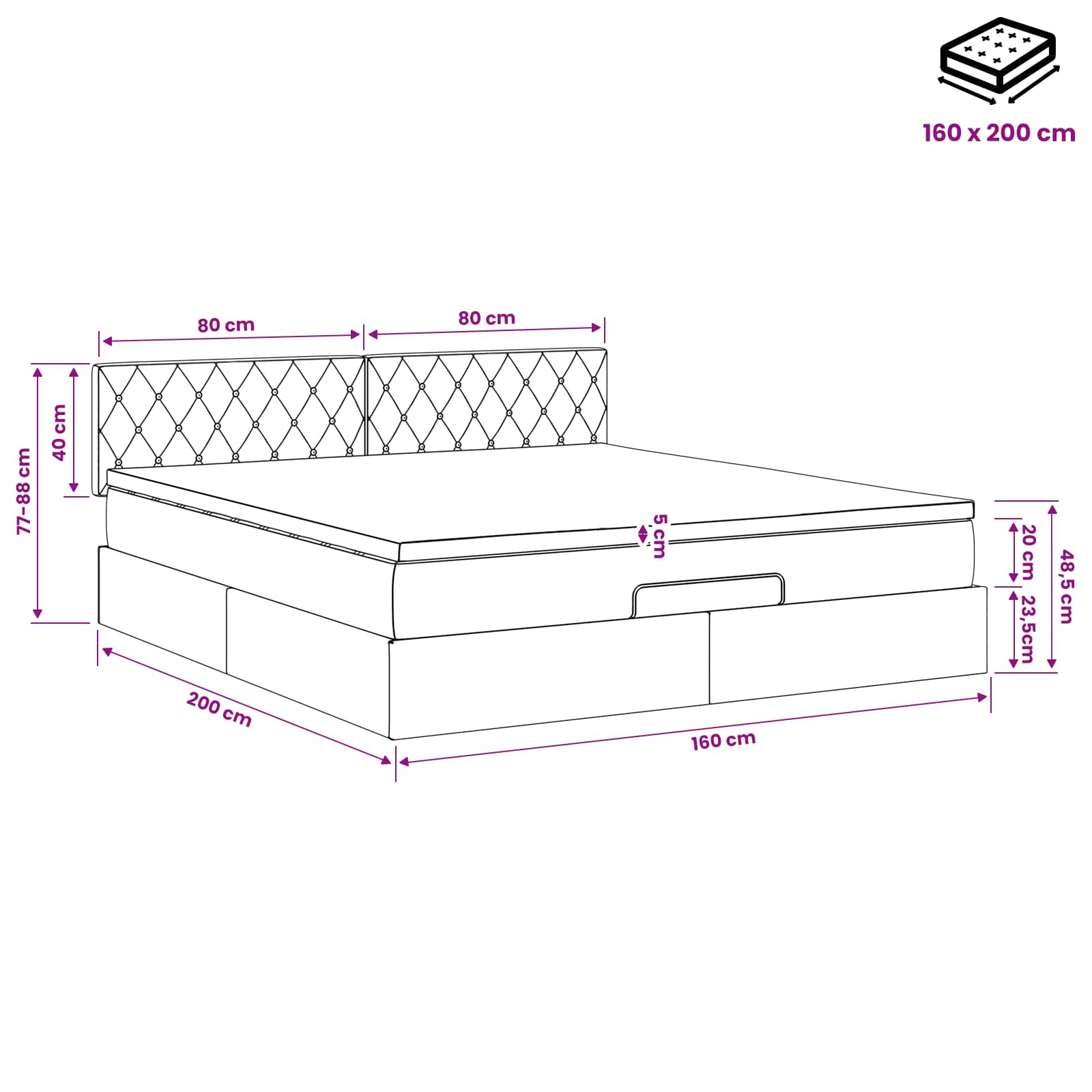 Ottoman-Bett mit Matratze und LED Dunkelgrau 160 x 200 cm Samt