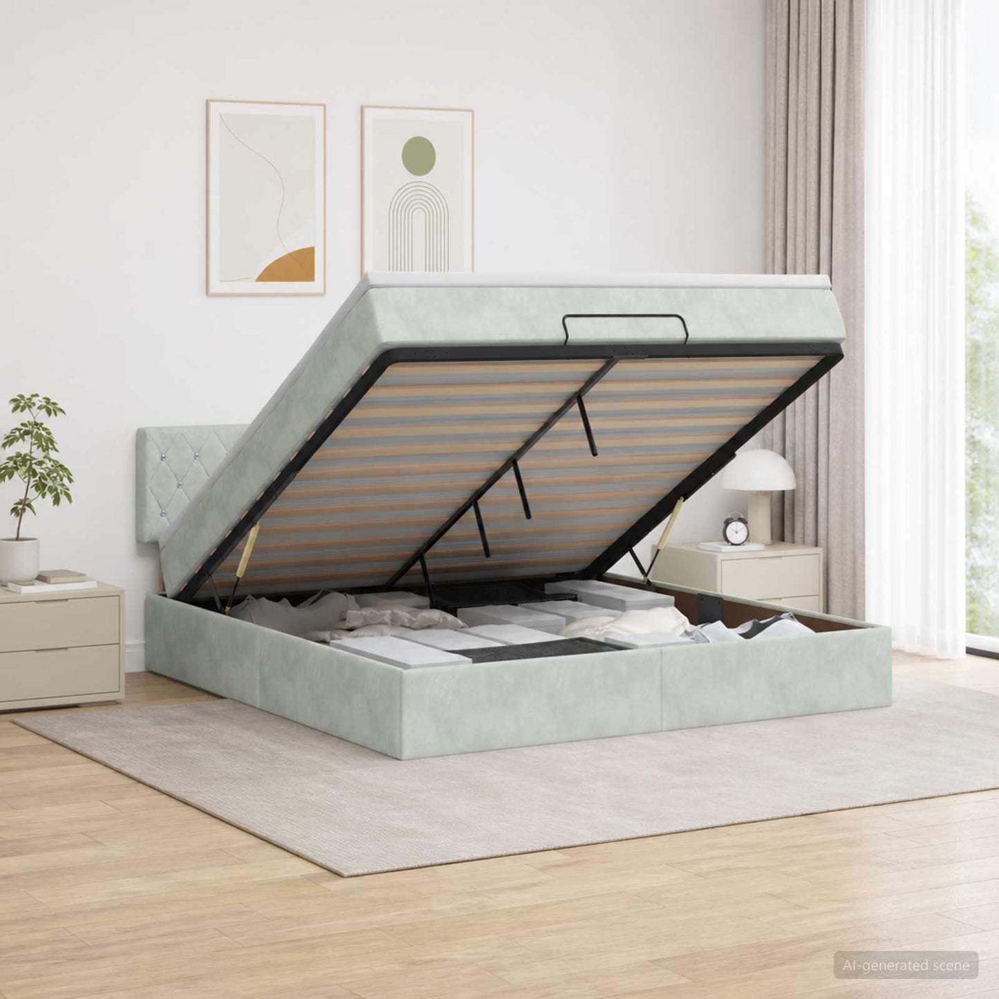 Ottoman-Bett mit Matratze und LED Hellgrau 140 x 200 cm Samt