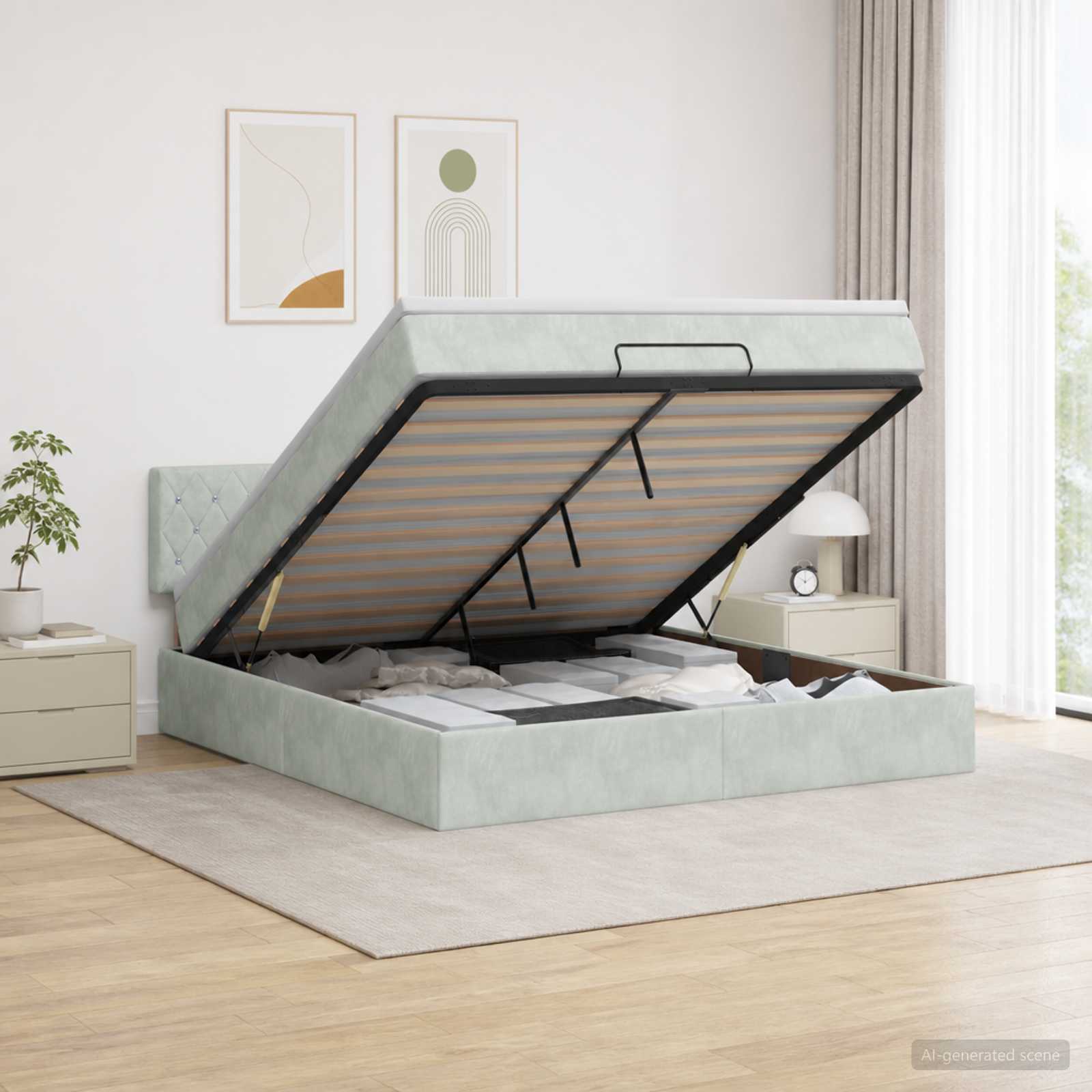 Ottoman-Bett mit Matratze und LED Hellgrau 140 x 200 cm Samt
