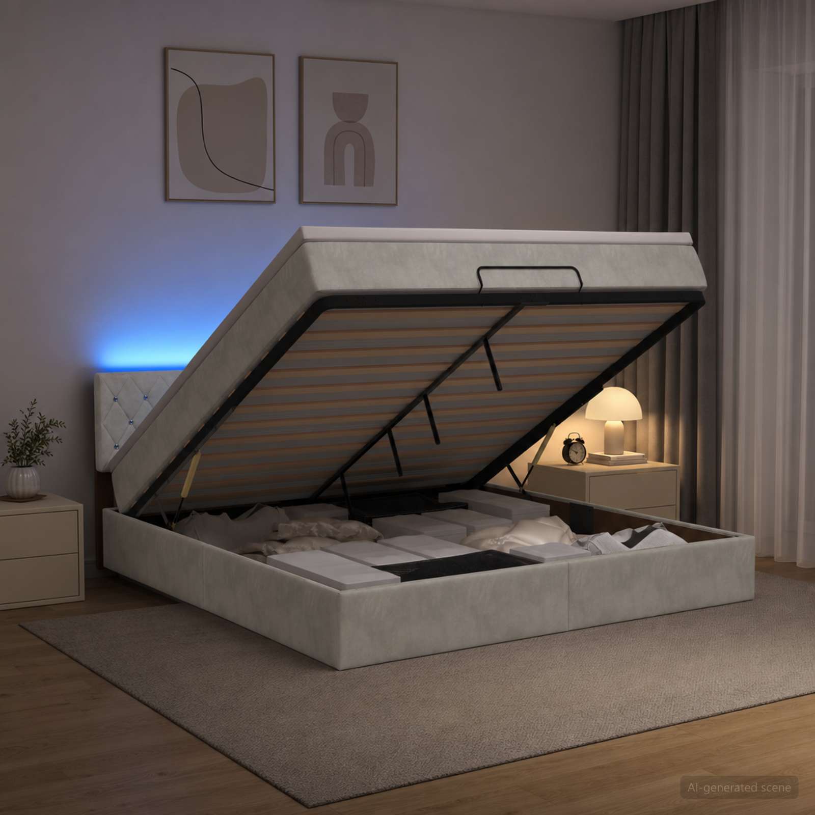 Ottoman-Bett mit Matratze und LED Hellgrau 140 x 190 cm Samt