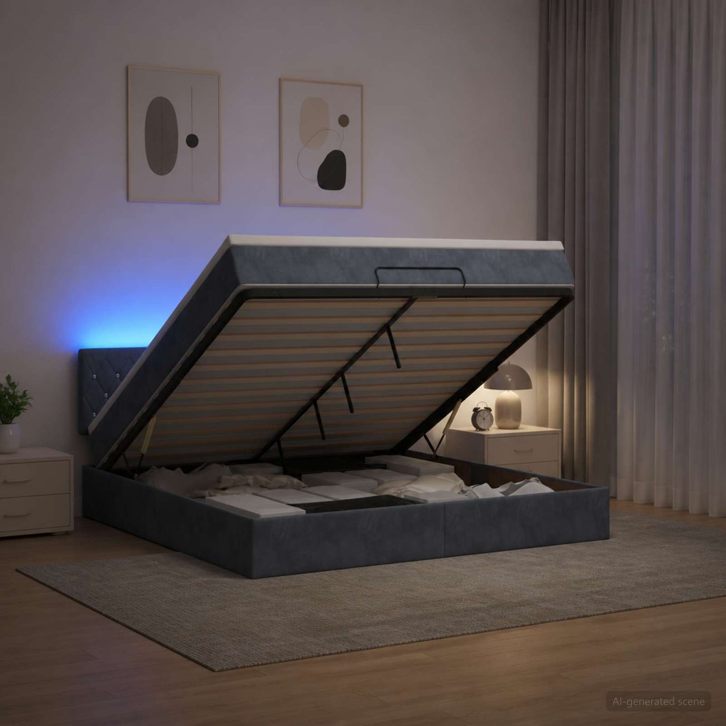 Ottoman-Bett mit Matratze und LED Dunkelgrau 160 x 200 cm Samt