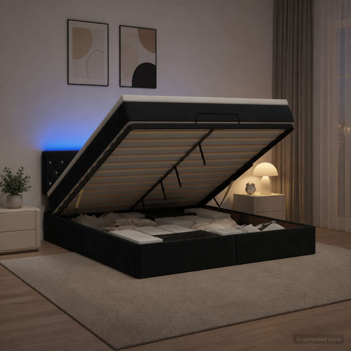 Ottoman-Bett mit Matratze und LED Schwarz 140 x 190 cm Samt
