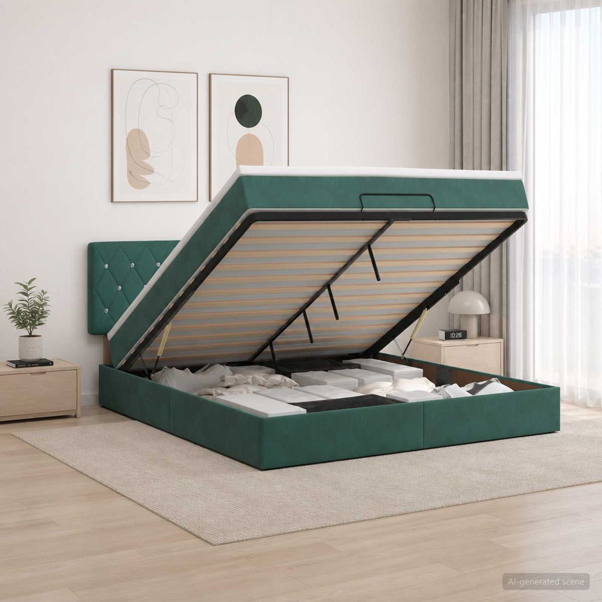 Ottoman Bett mit Matratze Dunkelgrün 140 x 200 cm Samt