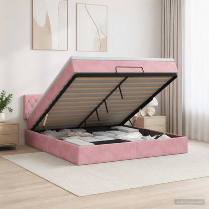 Ottoman-Bett mit Matratze und LED Rosa 140 x 200 cm Samt