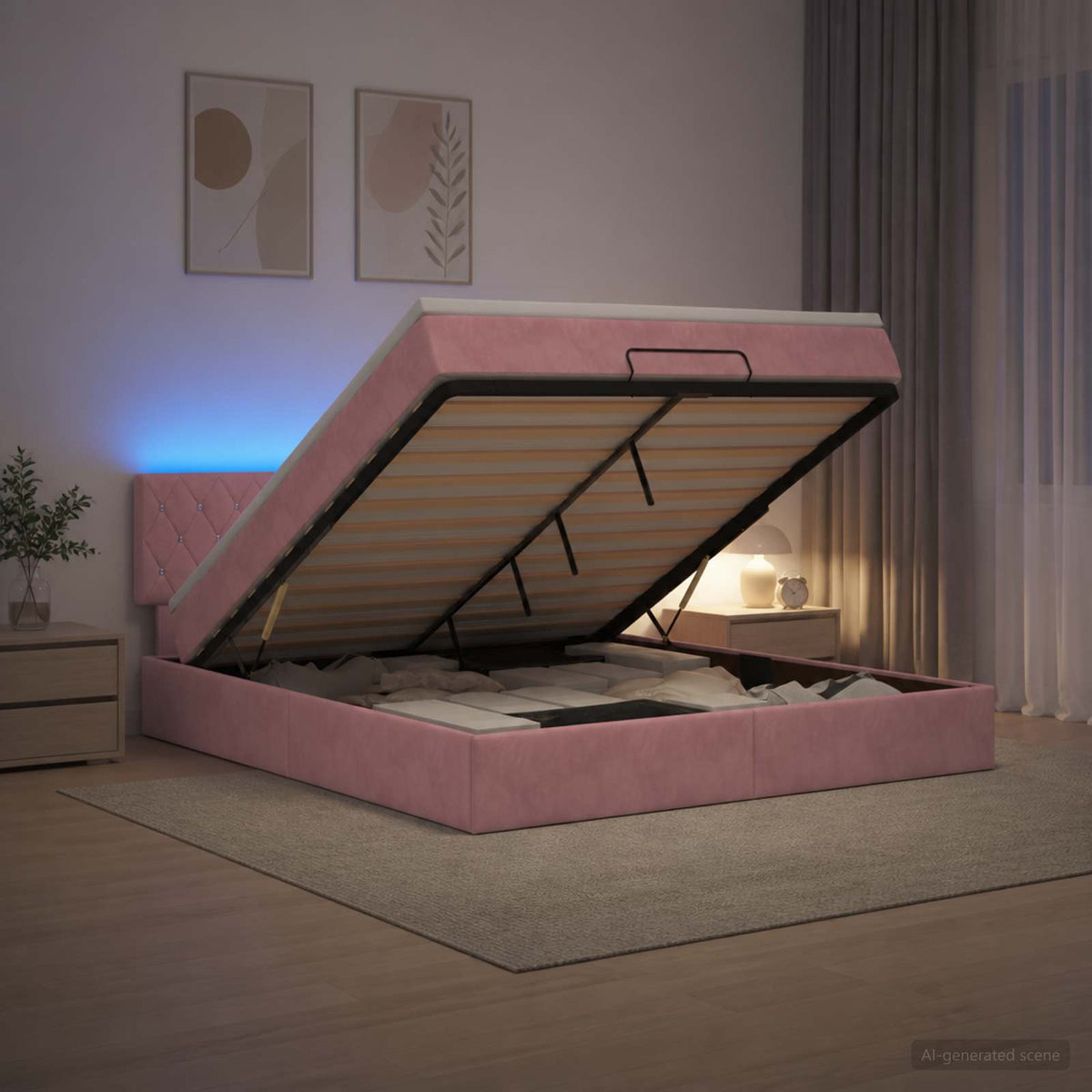 Ottoman-Bett mit Matratze und LED Rosa 140 x 200 cm Samt