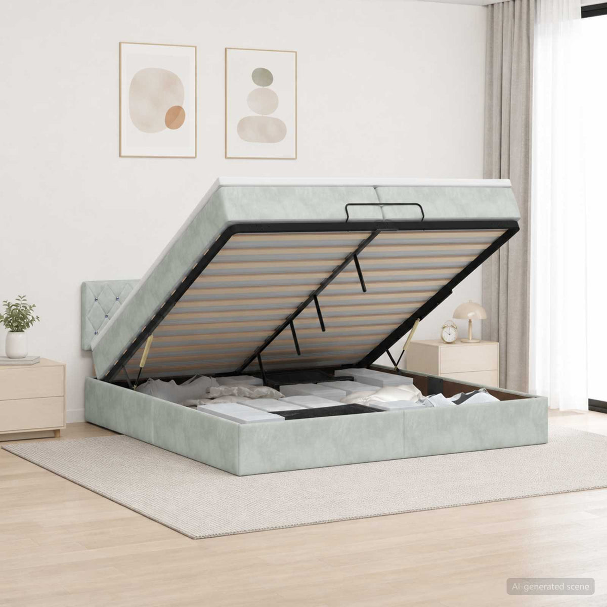 Ottoman Bett mit Matratze Hellgrau 200 x 200 cm Samt
