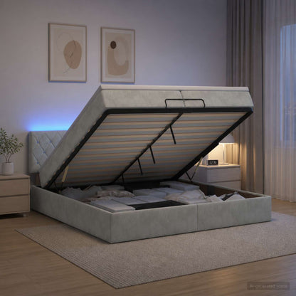Ottoman-Bett mit Matratze und LED Hellgrau 200 x 200 cm Samt