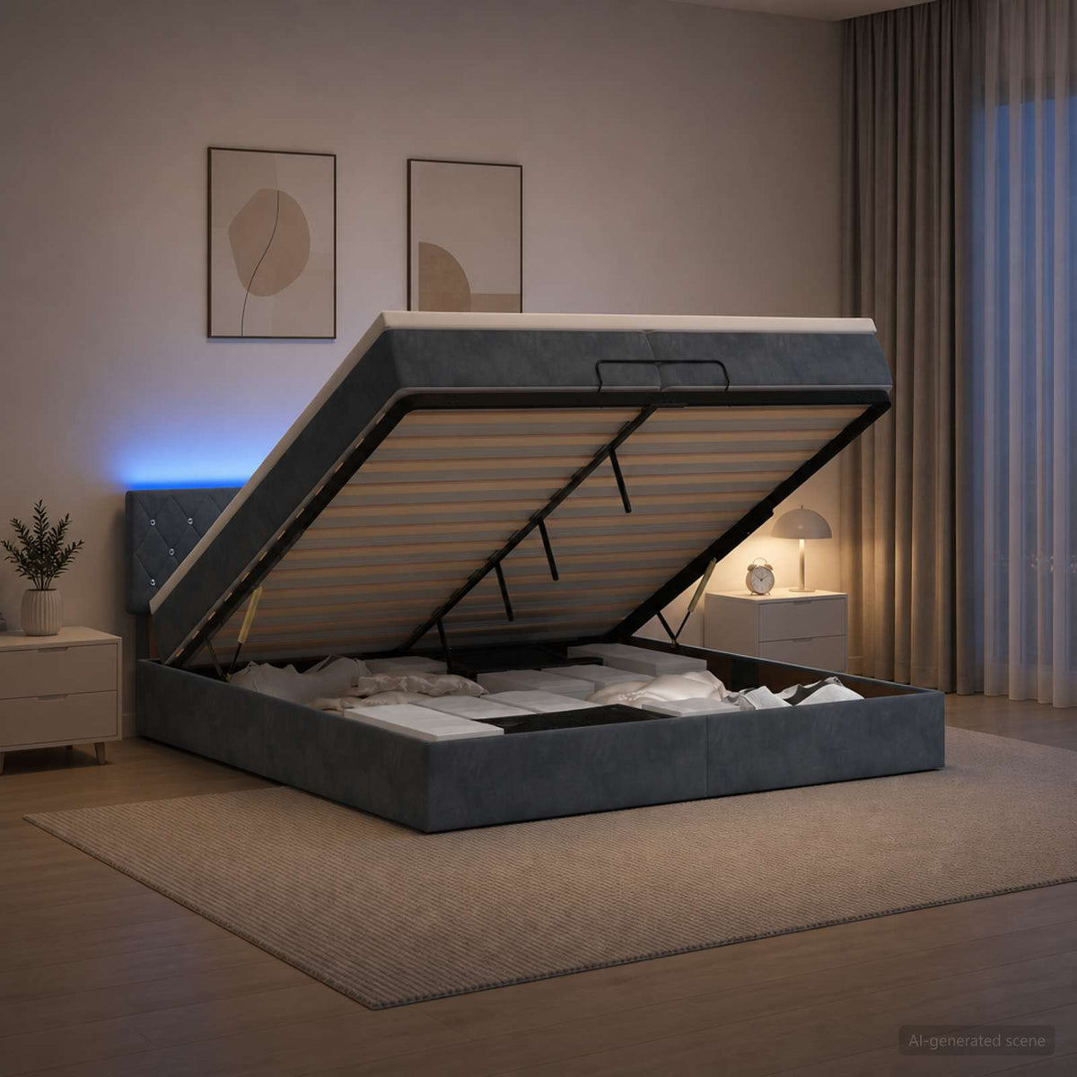 Ottoman-Bett mit Matratze und LED Dunkelgrau 200 x 200 cm Samt