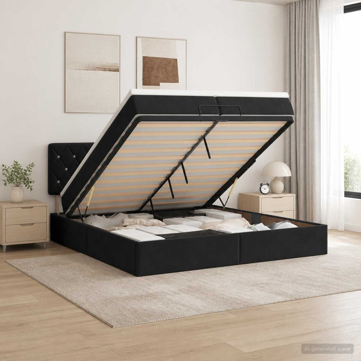 Ottoman Bett mit Matratze Schwarz 200 x 200 cm Samt