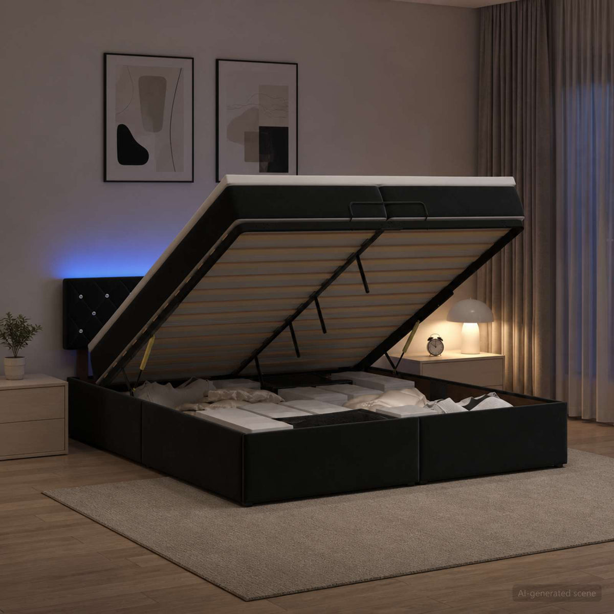 Ottoman-Bett mit Matratze und LED Schwarz 200 x 200 cm Samt