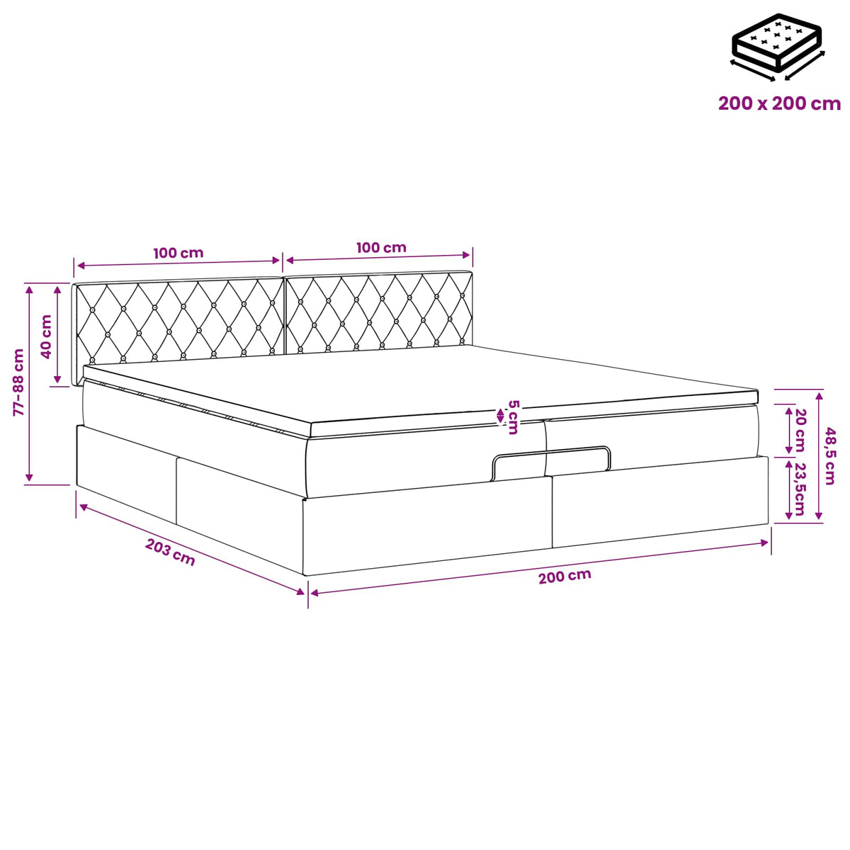 Ottoman-Bett mit Matratze und LED Schwarz 200 x 200 cm Samt