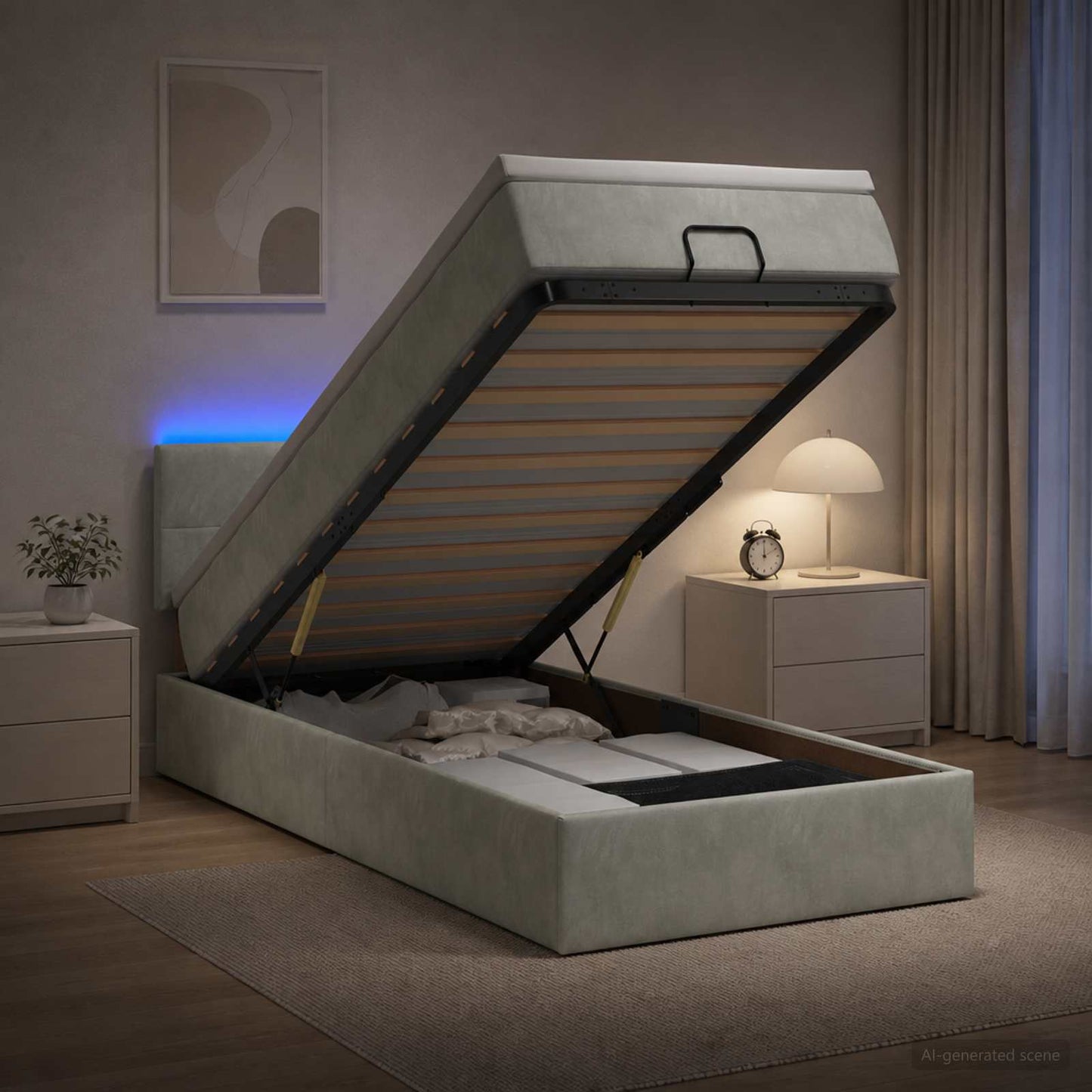 Ottoman-Bett mit Matratze und LED Hellgrau 90 x 190 cm Samt