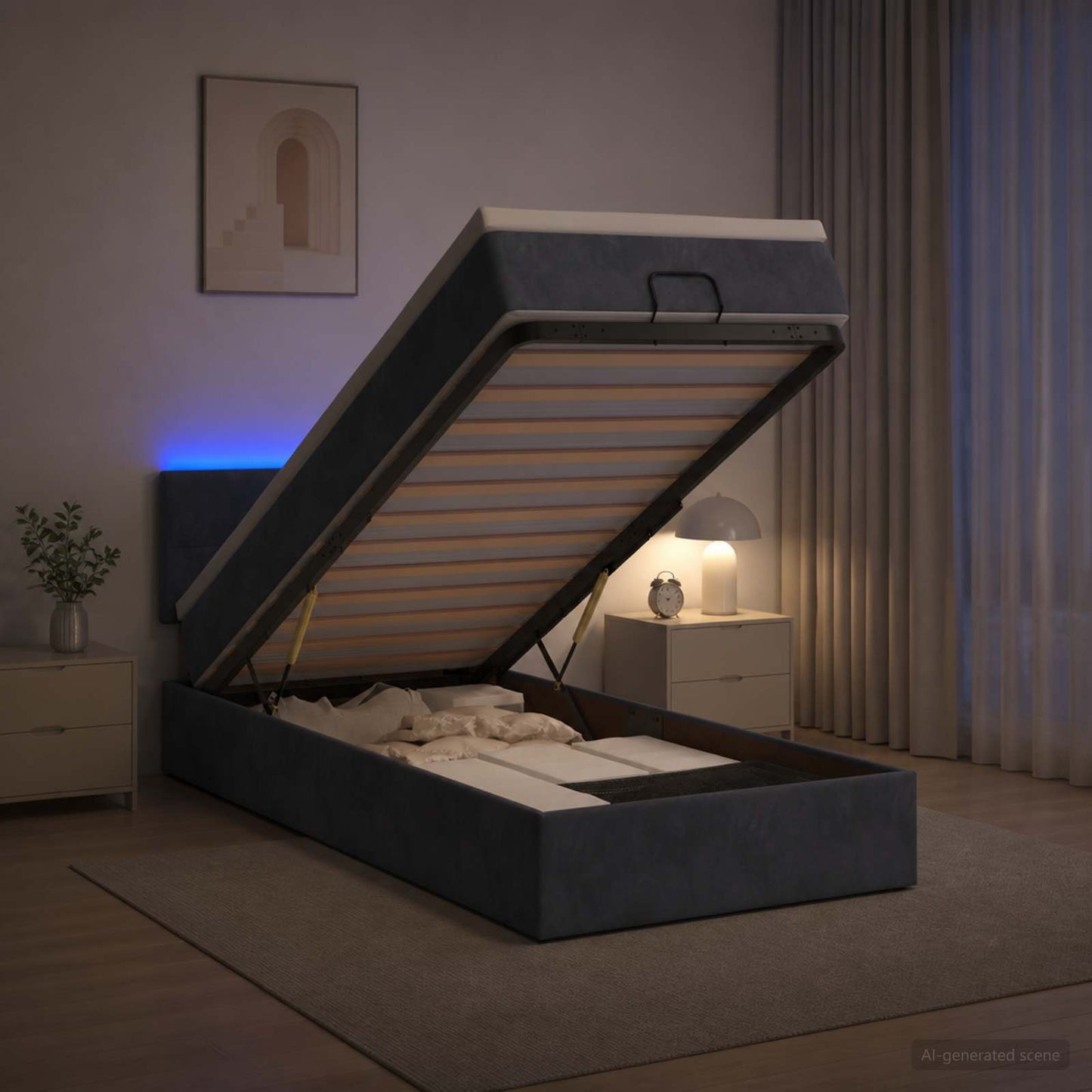 Ottoman-Bett mit Matratze und LED Dunkelgrau 100 x 200 cm Samt