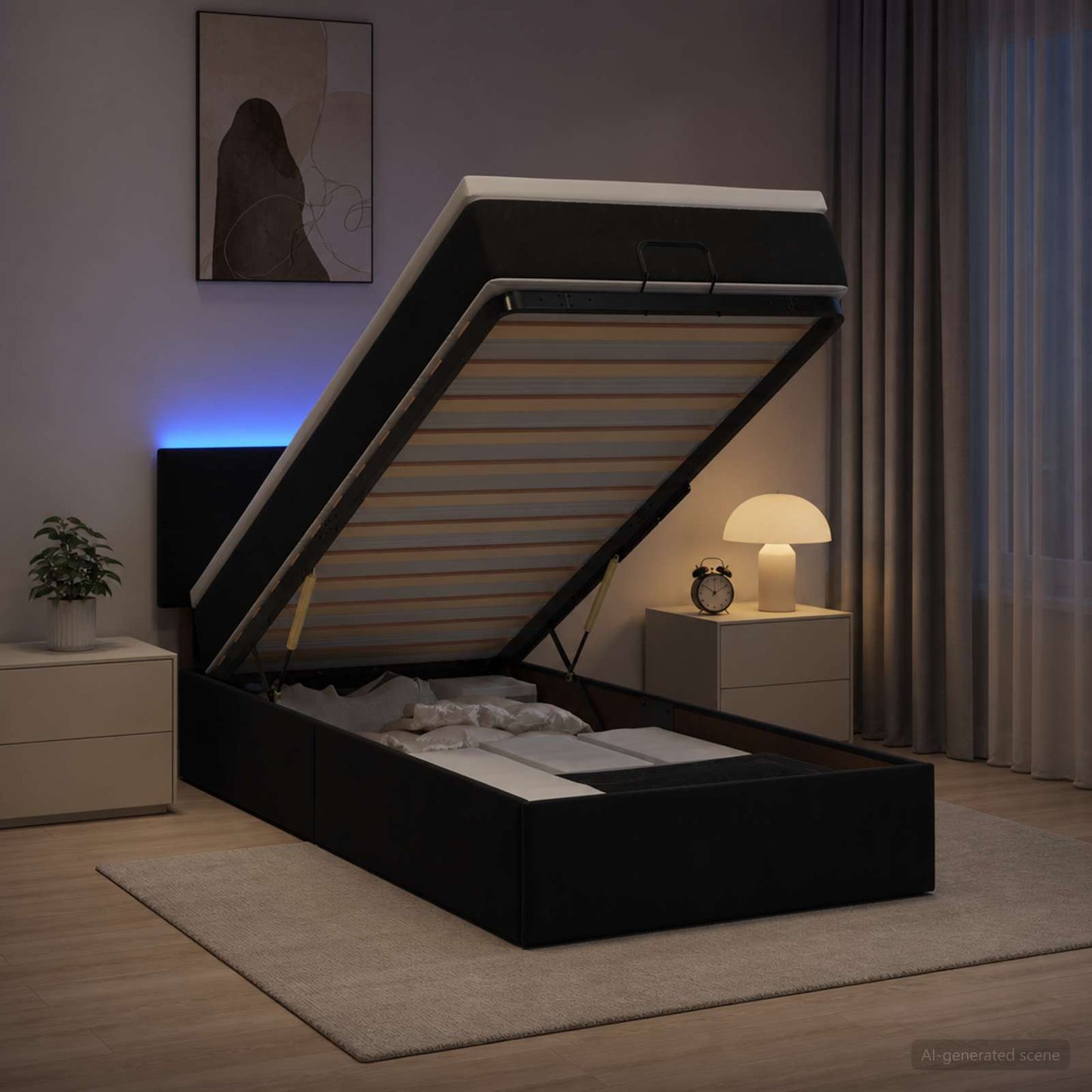 Ottoman-Bett mit Matratze und LED Schwarz 100 x 200 cm Samt