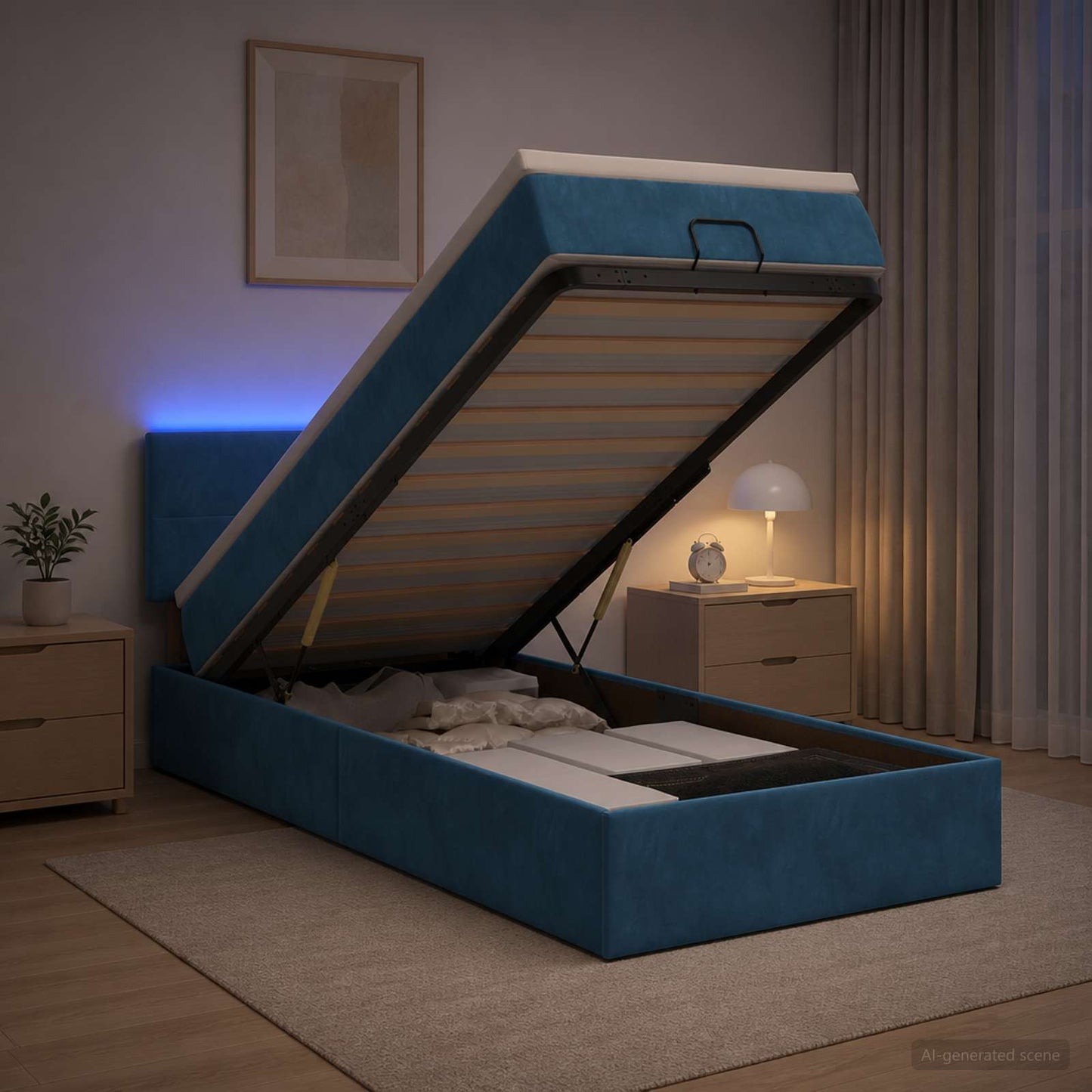 Ottoman-Bett mit Matratze und LED Dunkelblau 90 x 200 cm Samt