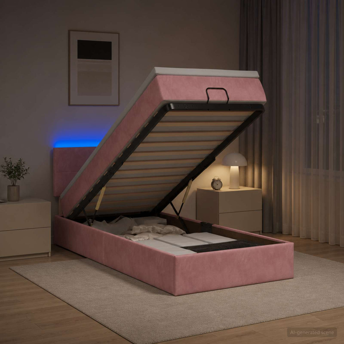 Ottoman-Bett mit Matratze und LED Rosa 90 x 200 cm Samt