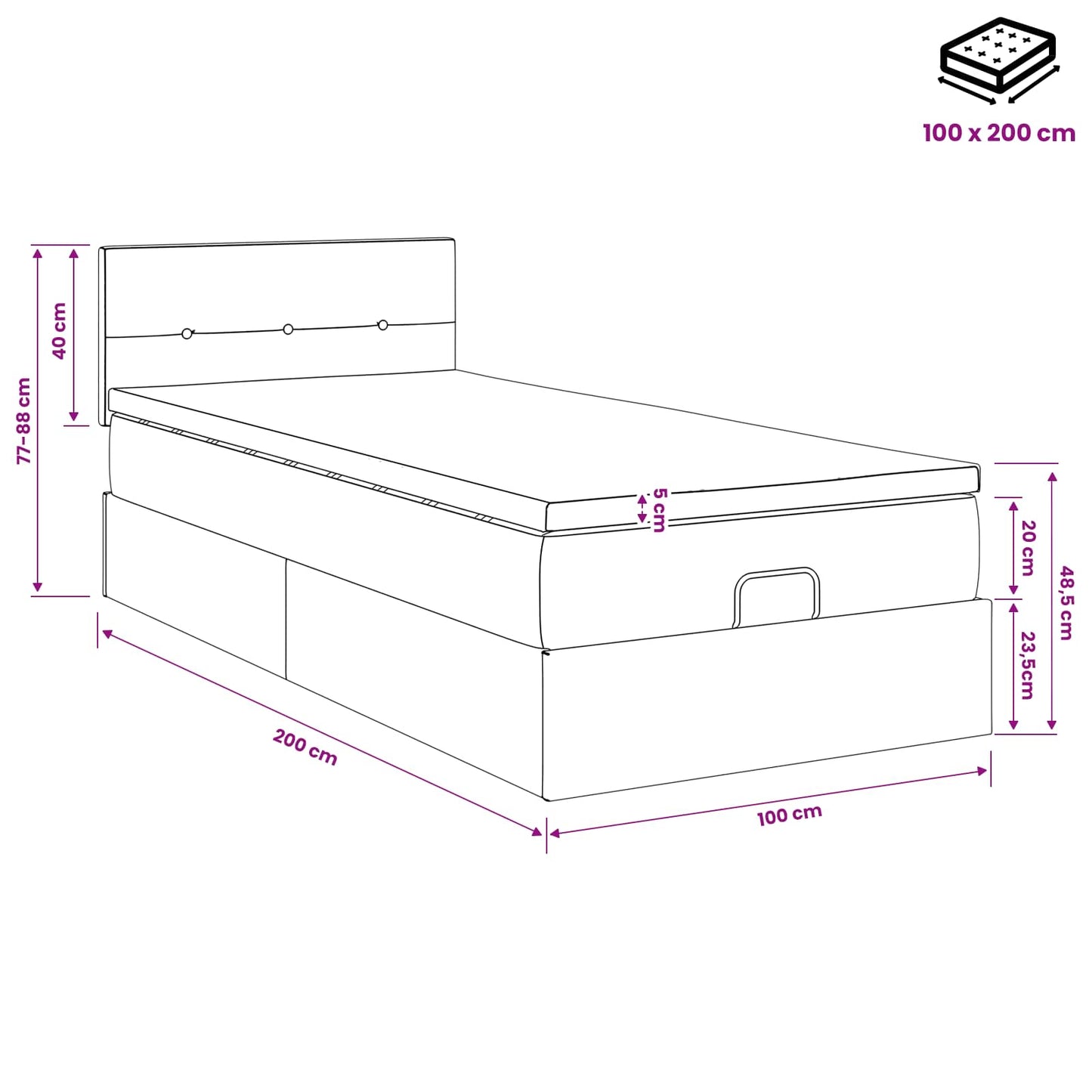 Ottoman-Bett mit Matratze und LED Dunkelgrau 100 x 200 cm Samt