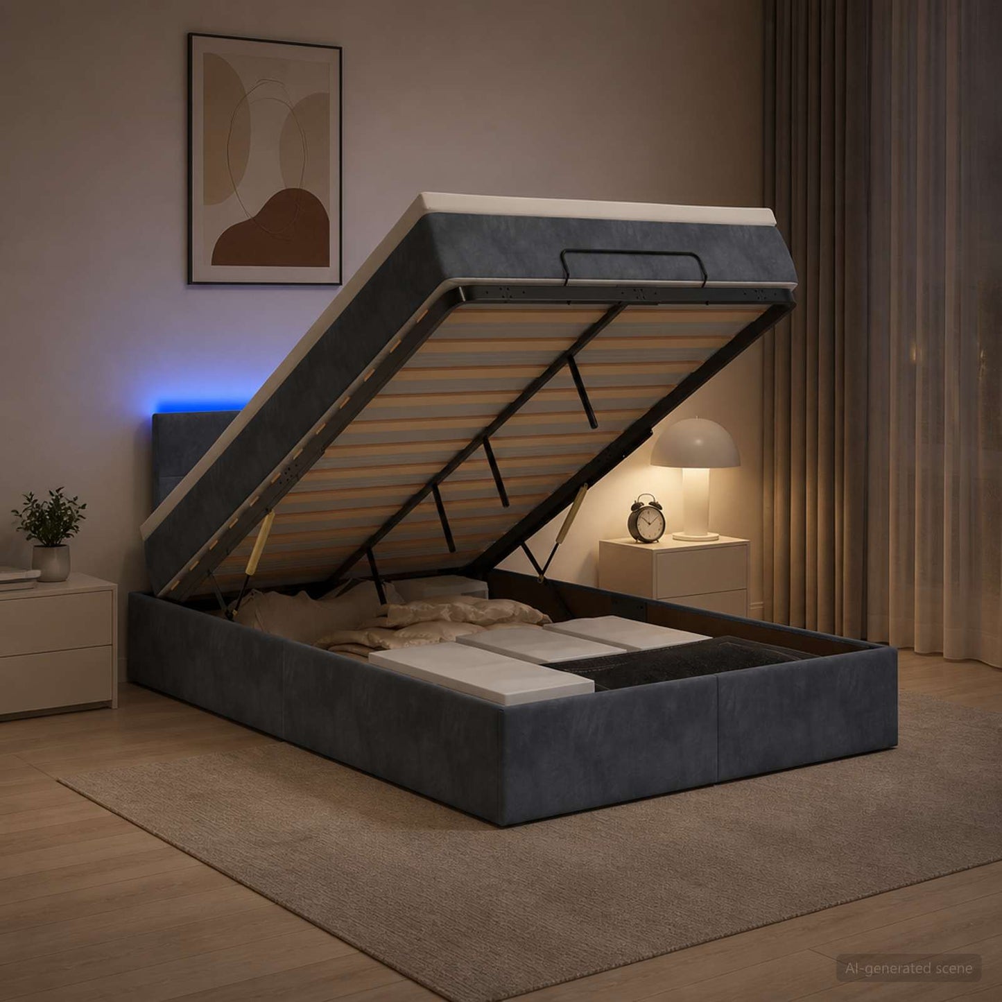 Ottoman-Bett mit Matratze und LED Dunkelgrau 120 x 190 cm Samt