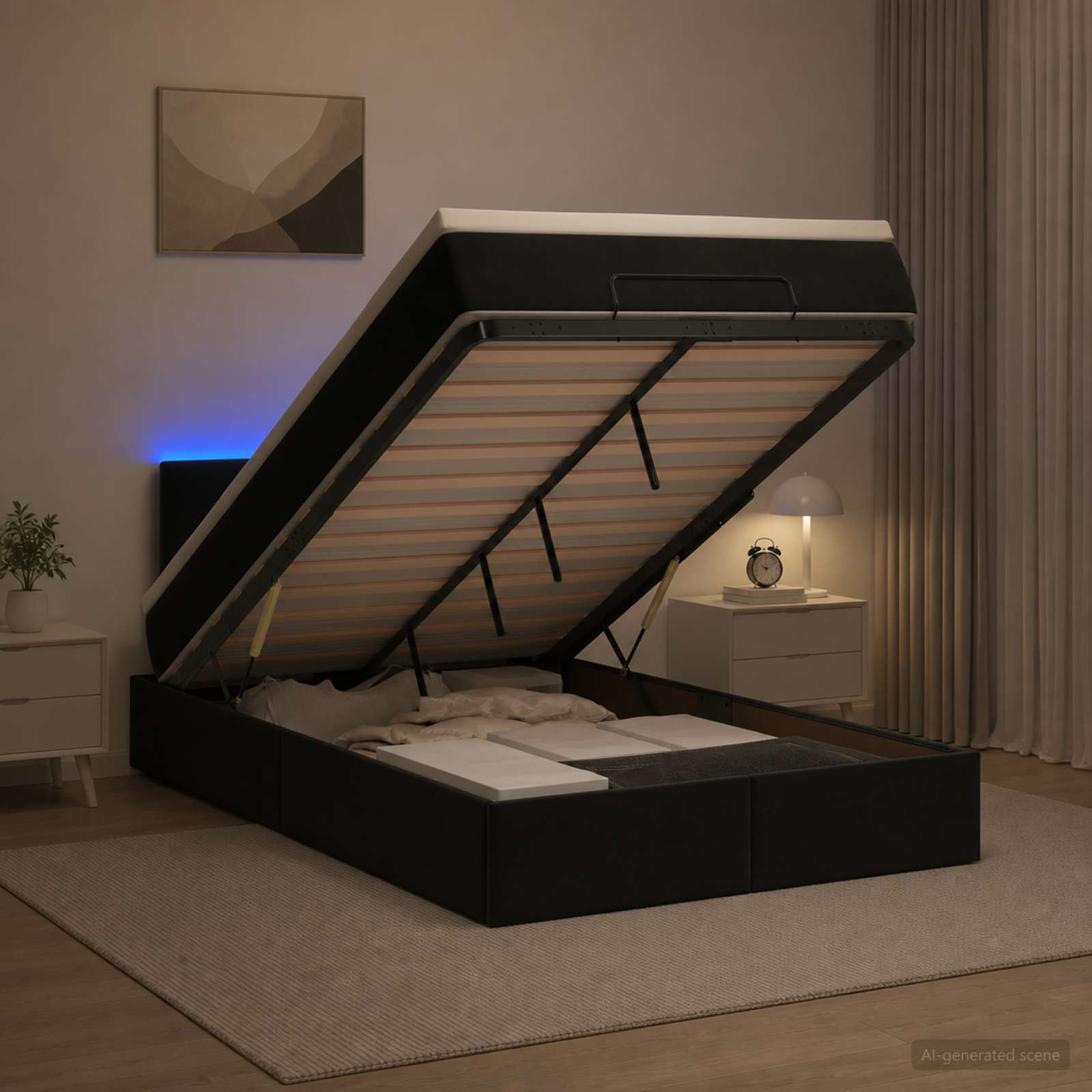 Ottoman-Bett mit Matratze und LED Schwarz 120 x 190 cm Samt