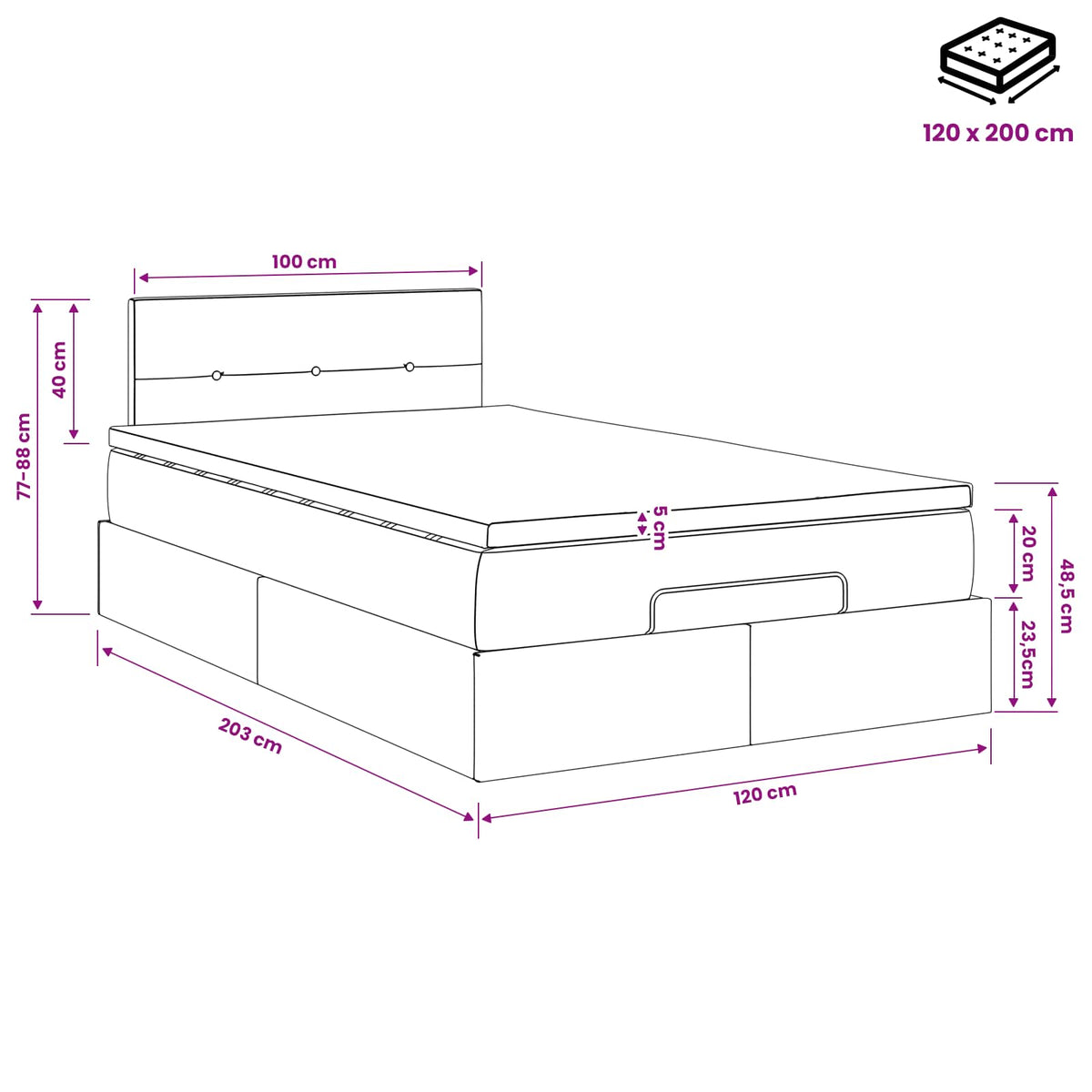 Ottoman-Bett mit Matratze und LED Schwarz 120 x 200 cm Samt