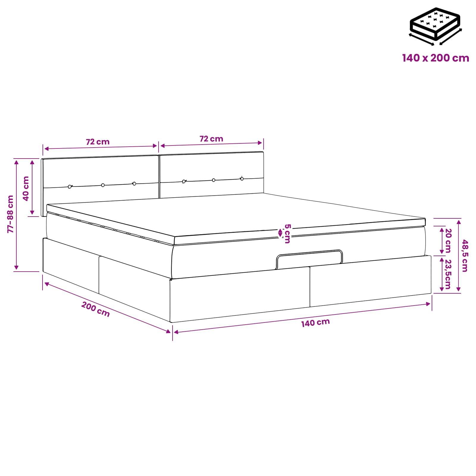 Ottoman-Bett mit Matratze und LED Schwarz 140 x 200 cm Samt